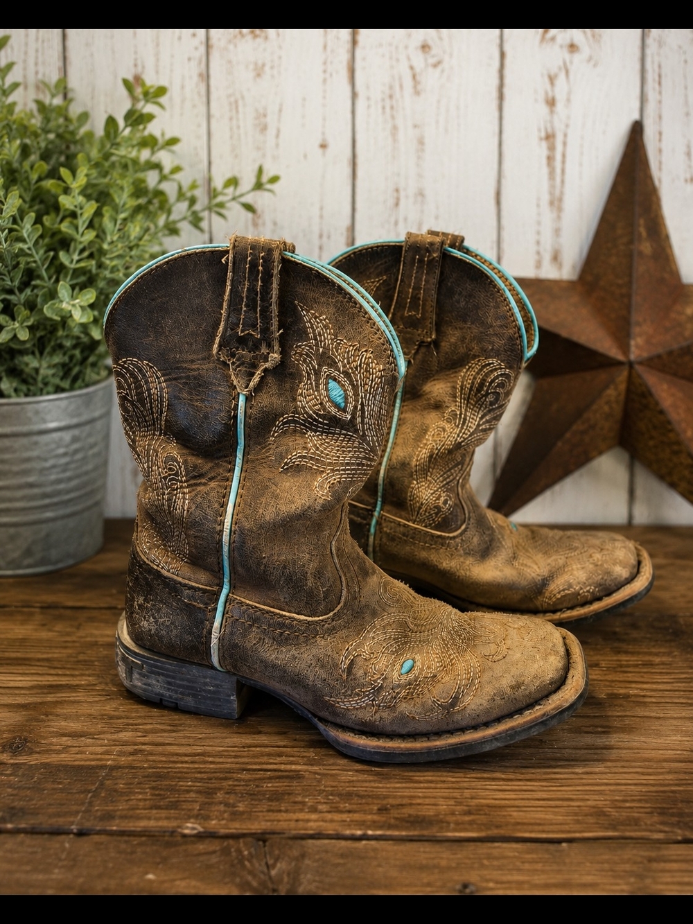 Ariat Brown Leather Kids Cowboy Boots with Turquoise Accents